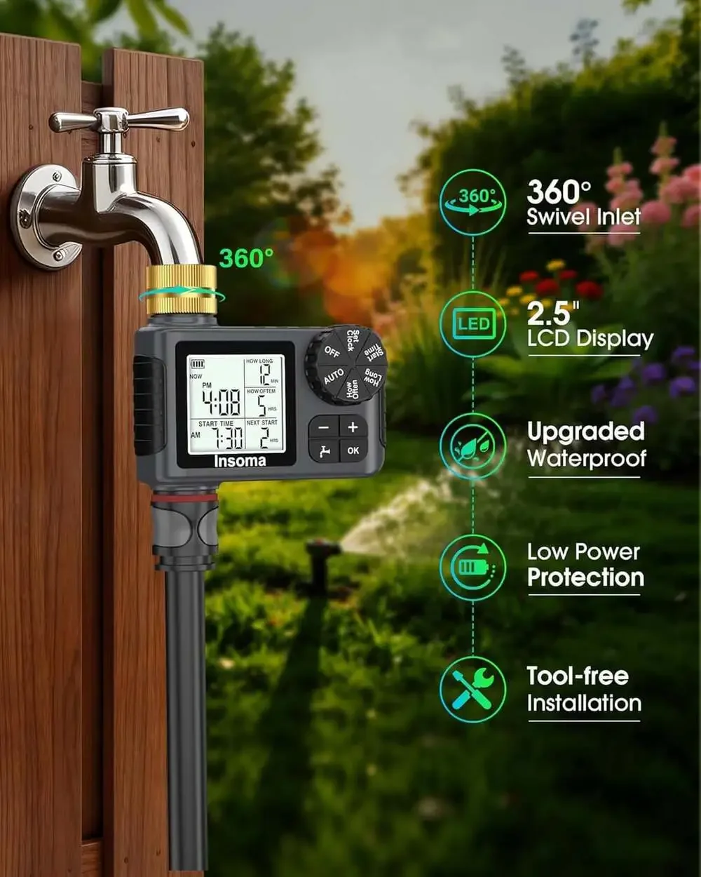 Water Timer for Garden Hose Brass Inlet 1 Outlet LCD Display Auto Manual Rain